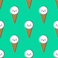 Cute ice cream waffle cones and baby harp seals seamless pattern on a bright turquoise background. Flat cartoon style.