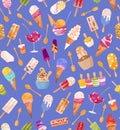 Cute ice creams colorful seamless pattern on blue background. Vector dessert illustration for web, site, advertising, banner,