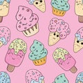 Cute ice creams and cupcakes with eyes, icing and sprinkling of pink, yellow flowers on a pink background, cute drawing for kids,