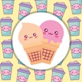 Cute ice creams kawaii characters