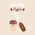 Cute Iced dalgona coffee and mixer cartoon. trendy fluffy creamy whipped coffee, instant, cream and iced coffee