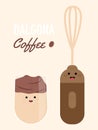 Cute Iced dalgona coffee and mixer cartoon. trendy fluffy creamy whipped coffee, instant, cream and iced coffee