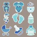 Cute icons for newborn baby boy.Strips background