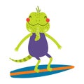 Cute iguana lizard surfing on a surfboard cartoon character illustration. Royalty Free Stock Photo