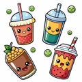 Cute illustrated boba drinks with smiling faces and green pearls float around Royalty Free Stock Photo