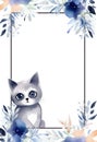 Cute illustrated kitten with floral border