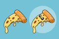 Cute illustrated slice of pizza, cheerful colors, sticker format and model with animated face