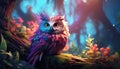 Cute baby owl in the forest with unruly fluffy feathers and adorable big eyes - generative AI