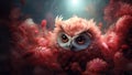 Cute baby owl in the forest with unruly fluffy feathers and adorable big eyes - generative AI