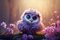 Cute baby owl in the forest with unruly fluffy feathers and adorable big eyes - generative AI