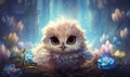 Cute baby owl in the forest with unruly fluffy feathers and adorable big eyes - generative AI