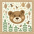 Cute illustration with a bear, beehive and bees drawn by hand. Floral ornament. Card with animals