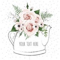Cute illustration with a bouquet of flowers in a teapot. Vector card.