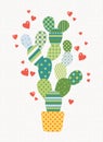 Cute illustration with cactus plant in pot and hearts on weave background