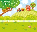 Cute illustration in cartoon style with a farm and tractor. Birds are sitting in a nest on a tree