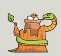 cute snake eating eggs bird nest on the tree. cartoon animal nature concept Isolated illustration. Flat Style suitable for Sticker