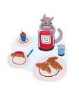 Cute illustration of a cat eating jam with food and drink. Paris cafe children illustration for picture book in hand