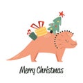 Cute illustration with cheerful triceratops, fir tree and gifts. Funny design for Christmas cards, kids clothing