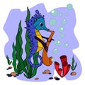 cute illustration for children\'s seahorse playing the saxophone, fabulous outline drawing