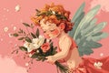 cute illustration cupid with bouquet flowers on pink background, love angel, valentines day postcard Royalty Free Stock Photo