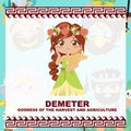 Cute illustration of Demeter Goddess of the harvest and agriculture. Greek God and Goddess flashcard collection.