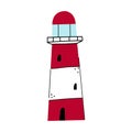 Cute illustration of a doodle red lighthouse. Navigation light tower. Royalty Free Stock Photo