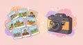 Cute illustration features an anthropomorphic camera with a Royalty Free Stock Photo