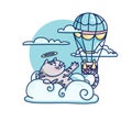 Cute illustration with fluffy angel cat on cloud. Print for children room. Illustration of kitty in sky for textile Royalty Free Stock Photo