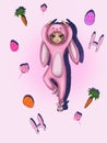 Cute illustration with girl chracter in a pink bunny costume.