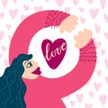 Cute illustration girl hugs heart. Congratulation Valentine`s Day, design concept