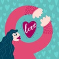 Cute illustration girl hugs heart. Congratulation Valentine`s Day. Motivational greeting card