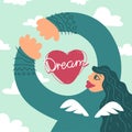 Cute illustration girl hugs heart. Congratulation Valentine`s Day. Motivational greeting card