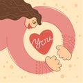 Cute illustration girl hugs heart. Congratulation Valentine`s Day. Motivational greeting card