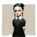 Cute Illustration of a gothic girl with two braids looking at the camera