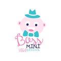 Cute illustration with hand drawn lettering and little elegant baby wearing hat and bow tie for mini boss logo. Flat