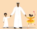 Cute illustration of happy Arabic father with two kids. Happy father holds hands of his cheerful children, daughter and son. Royalty Free Stock Photo