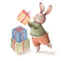 Cute illustration. Hare with gift boxes. Preparing for the holiday. Royalty Free Stock Photo