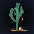 Cute cartoon illustration with high saguaro cactus and liitle house. Mexican fairy landscape, print for cards or textile