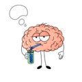 Cute illustration of human tired brain which drinks energy drink.
