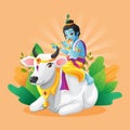 Cute illustration of little krishna playing flute while riding white cow Royalty Free Stock Photo