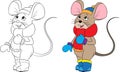 Illustration of a mouse, dressed for winter, in color and black and white, perfect for children`s coloring book