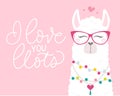 Cute illustration with llama in love, doodles and lettering inscription