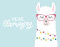 Cute illustration with llamas in love, doodles and lettering inscription