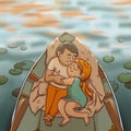 A cute illustration of lovers in a boat on a lake with water lilies. Postcard, print, illustration.