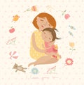 Cute illustration mom hugging their children