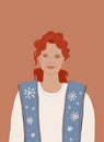 Cute illustration of the old granny in cozy clothing. Redhead beautiful smiling woman portrait.