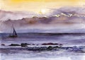 Cute illustration of a seascape of a calm sea at sunset. Watercolour.