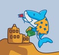 Cute illustration shark on the beach making sandcastle with a flag for a summer holiday vacation. Animal Isolated Cartoon Flat Royalty Free Stock Photo