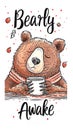 cute illustration of A sleepy brown bear cub holding a cup of coffee, banner, vertical Royalty Free Stock Photo