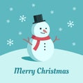 Cute illustration of snowman. Cartoon flat style Christmas card. Falling snow blue background. Royalty Free Stock Photo